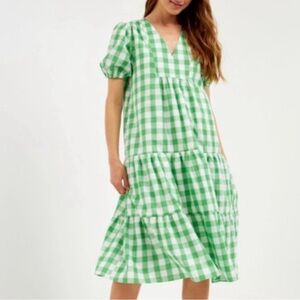 Green Gingham Puff Sleeve Tiered Summer Dress Sz 2X Cotton V-neck Lined Midi